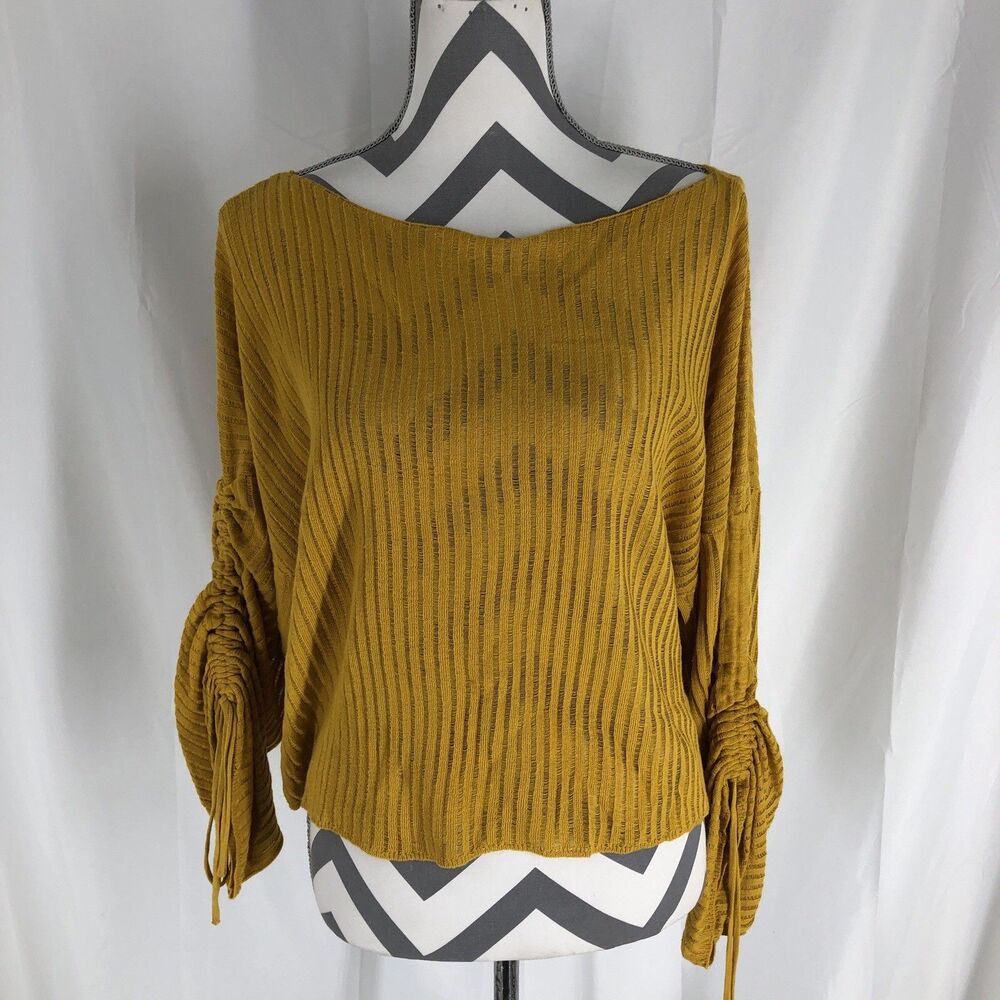 Forever 21 Mustard Yellow Ribbed Cropped Balloon Sleeve Boat Neck Sweater Top L
